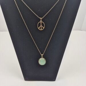 Y2K Lucky Brand Peace Sign Green Pendant Necklace 18-20" Bronze Tone Boho